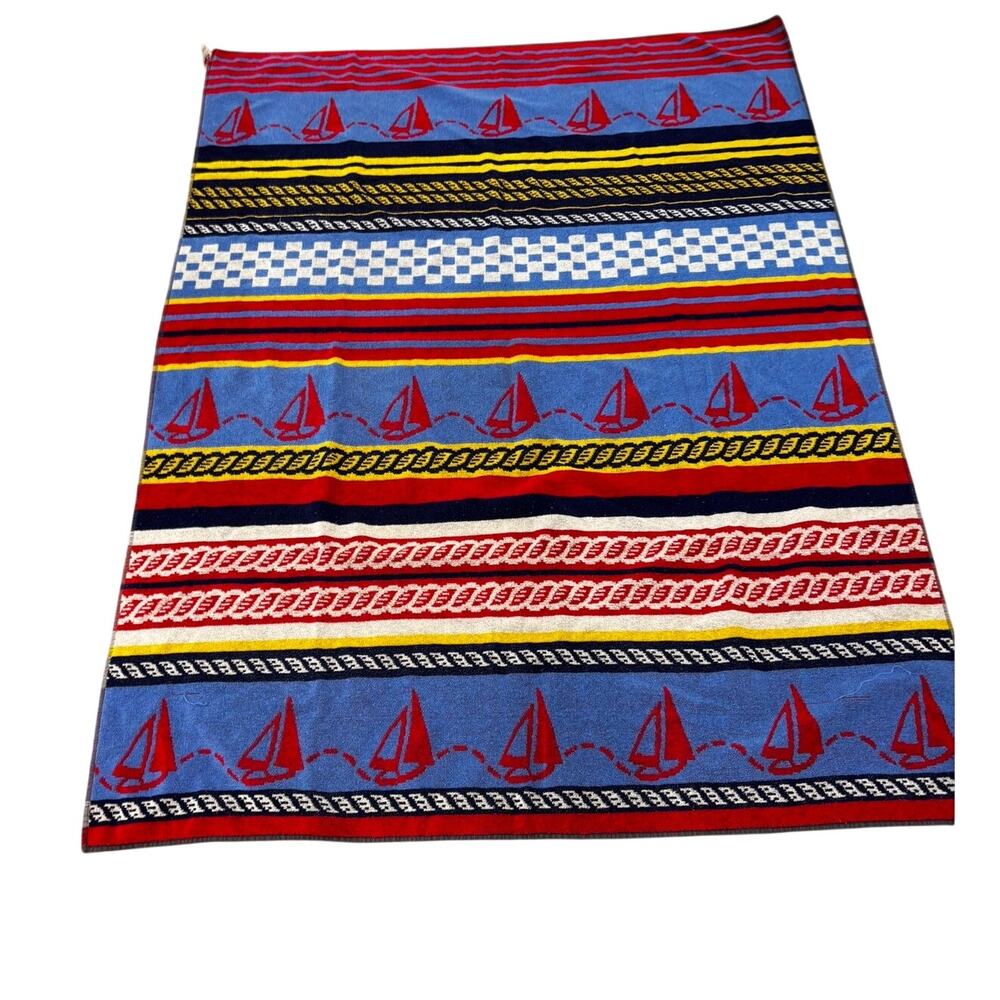 Vintage La Plage Cotton Beach Towel Nautical Sailboat Striped Red Blue Brazil